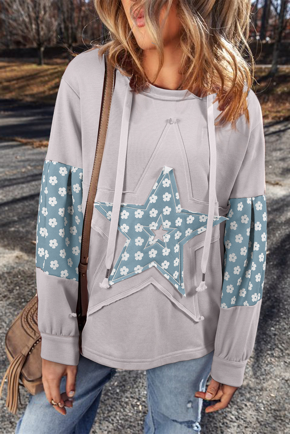 Apricot Floral Patchwork Star Pattern Drawstring Hoodie