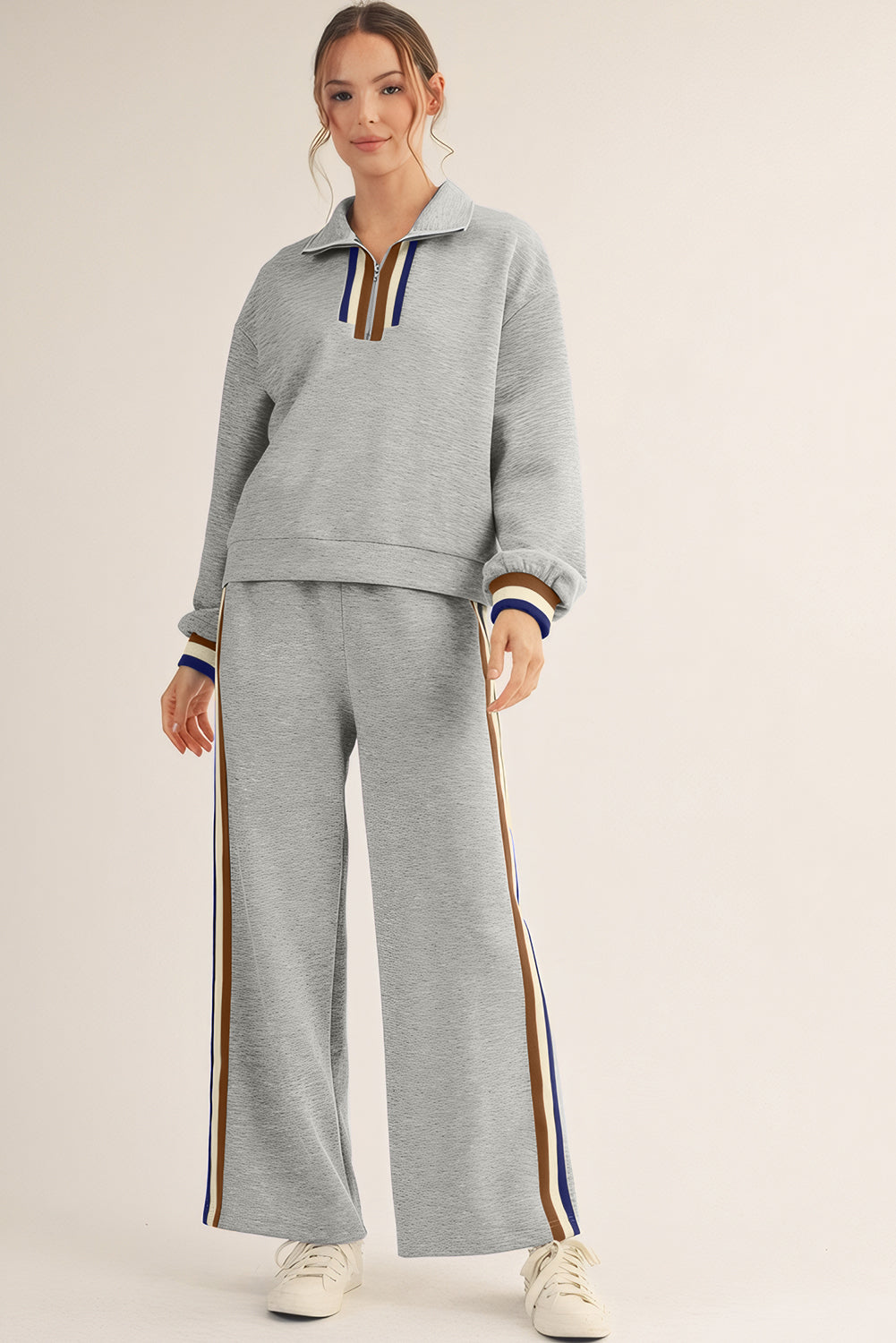 Apricot Striped Patchwork Quarter Zip Pullover Loose Pant Set