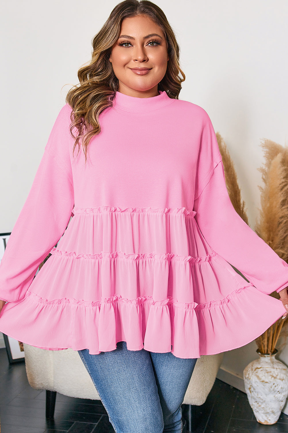 Navy Blue Tiered Ruffle Ribbed Crew Neck Pullover Plus Size Top