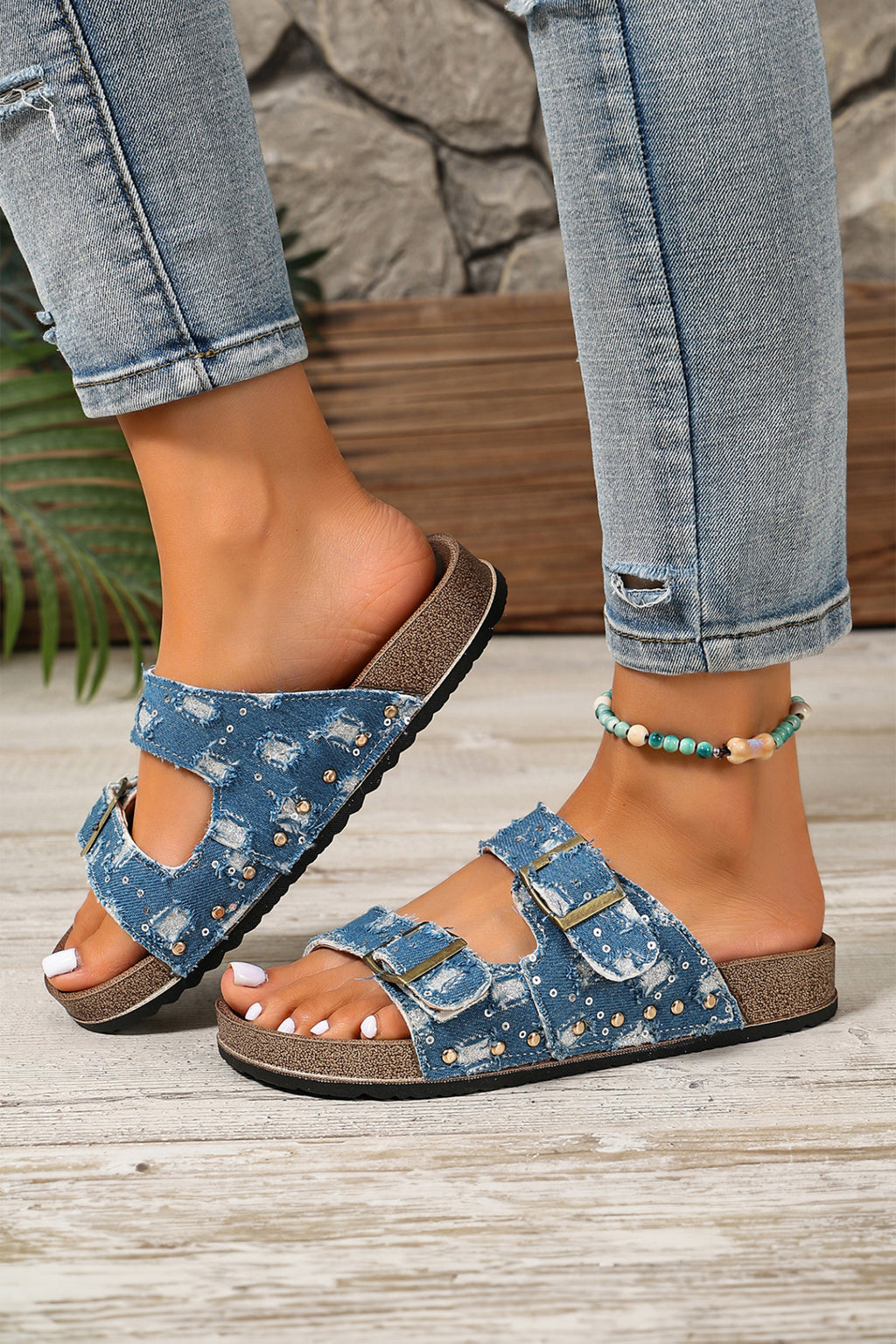 Coffee Two-tone Retro Buckle Straps Hollowed Faux Suede Slippers