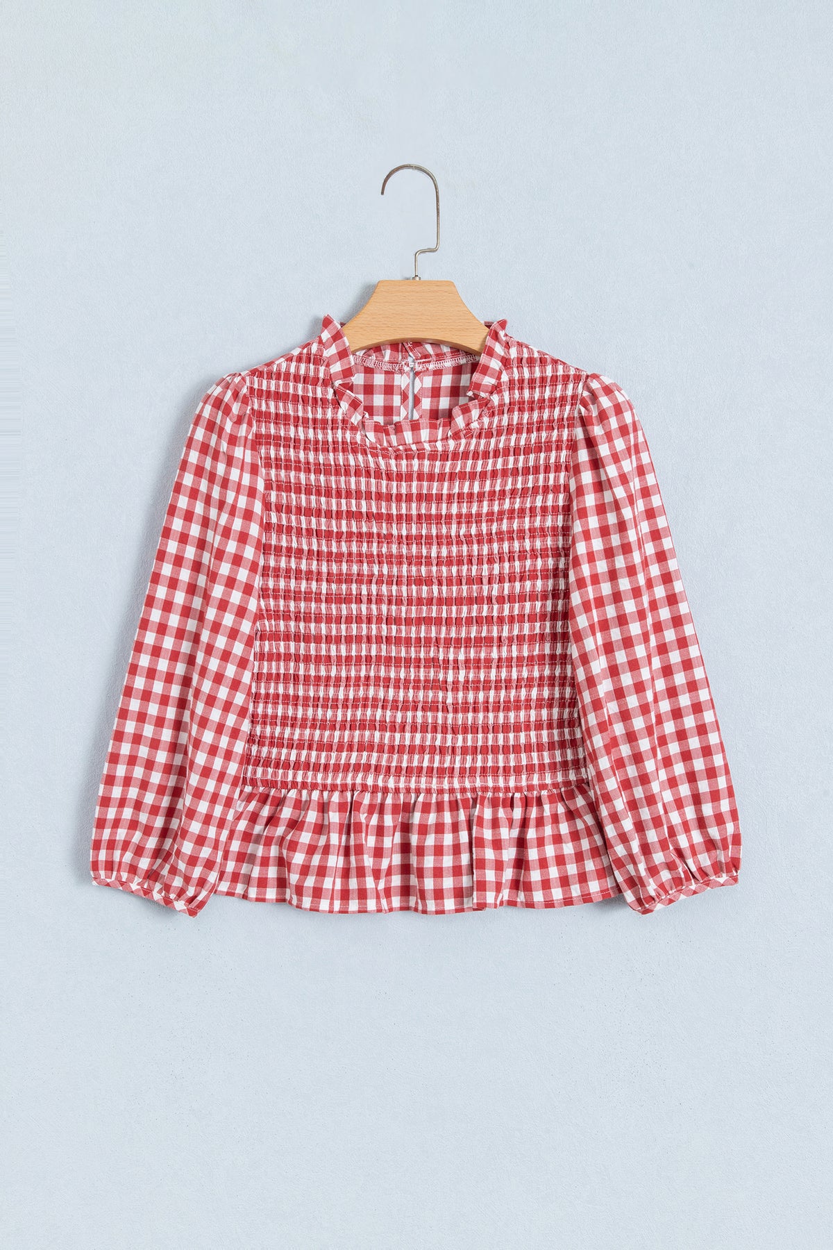 Green 3/4 Sleeve Shirred Plaid Peplum Top