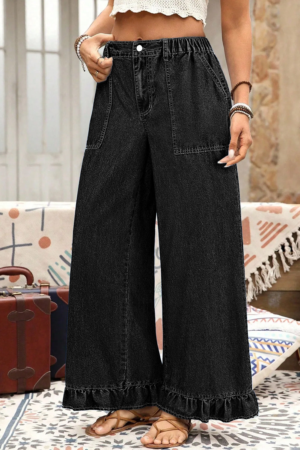 Dirty blue Plus Size Elastic Waist Ruffled Wide Leg Denim Pants