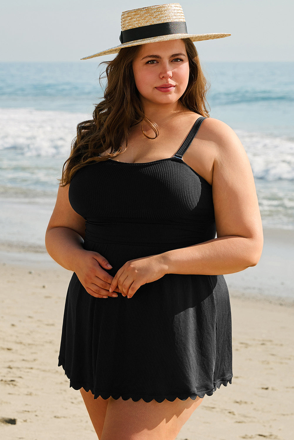 Black Plus Size Textured Scalloped Trim Swim Dress with Panty image 3