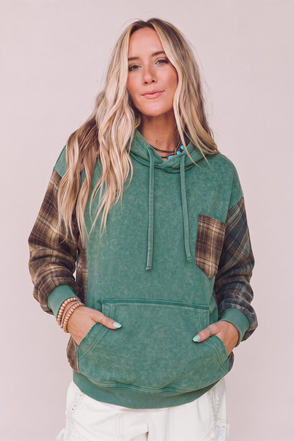 Smoke Green Plaid Colorblock Hoodie