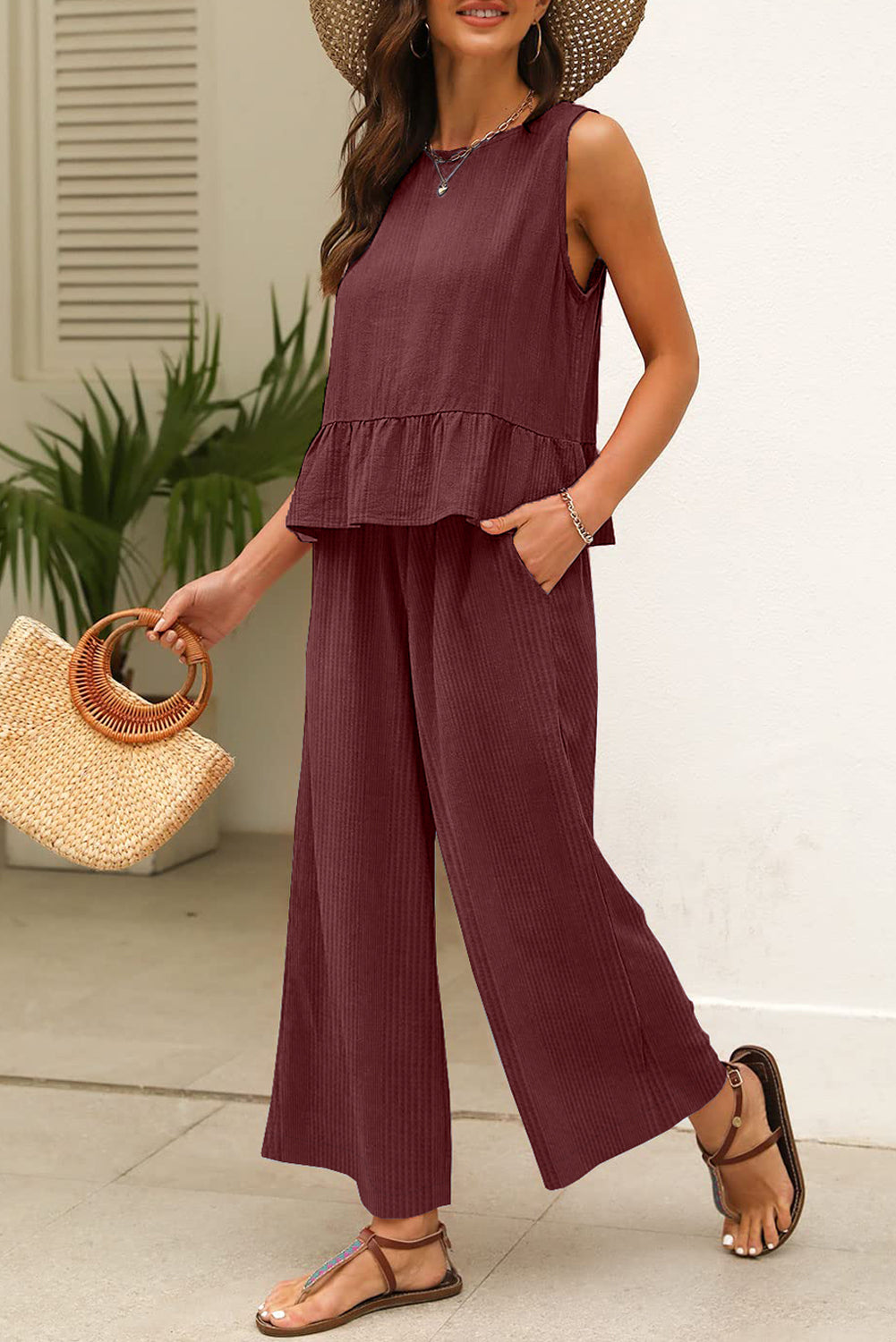 Duffel Green Solid Color Ribbed Ruffle Tank Top and Pants Set