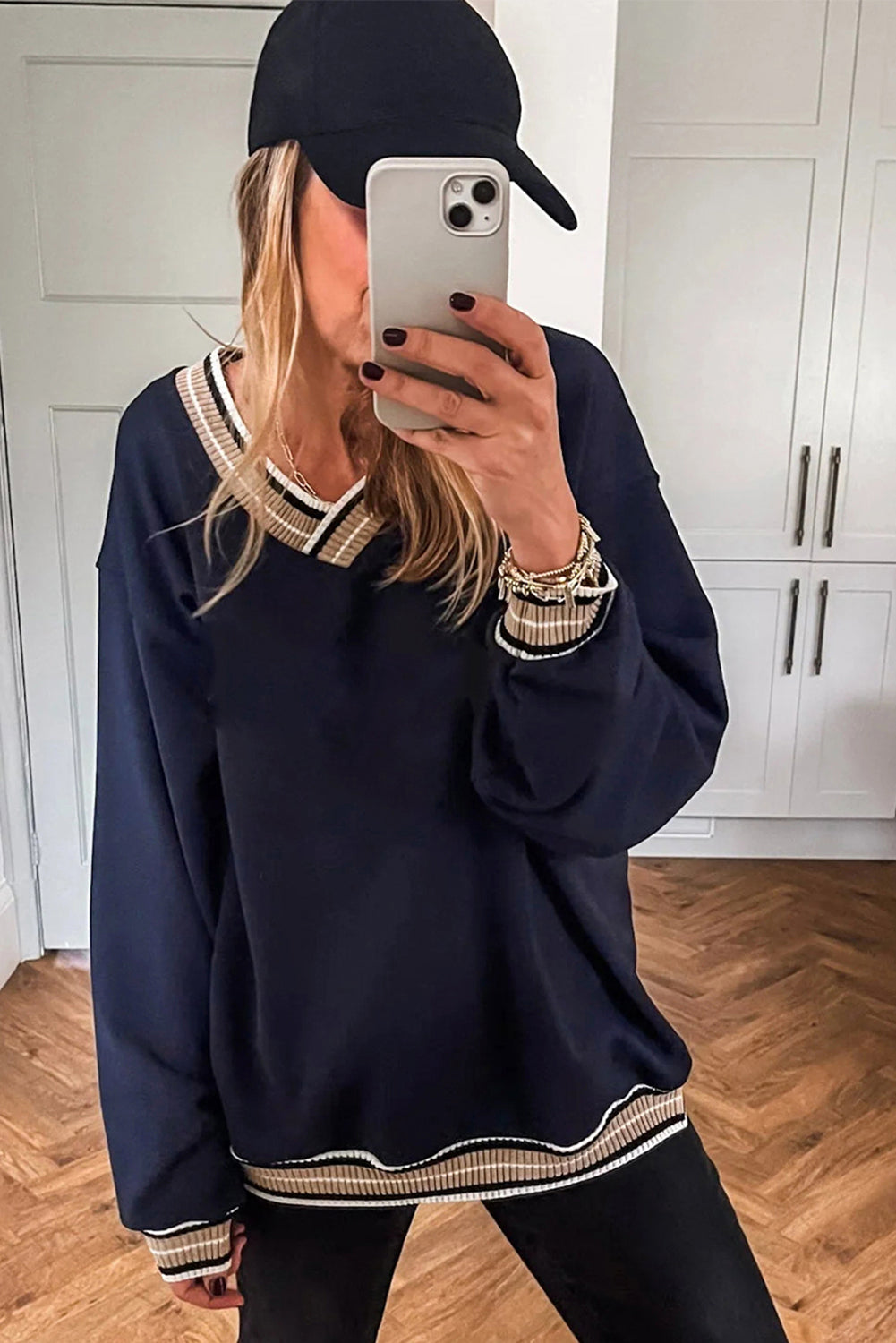 Parchment Varsity Contrast Striped Trim V Neck Sweatshirt