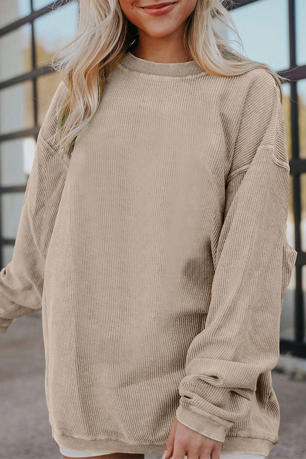 Strawberry Pink Ribbed Corduroy Oversized Sweatshirt