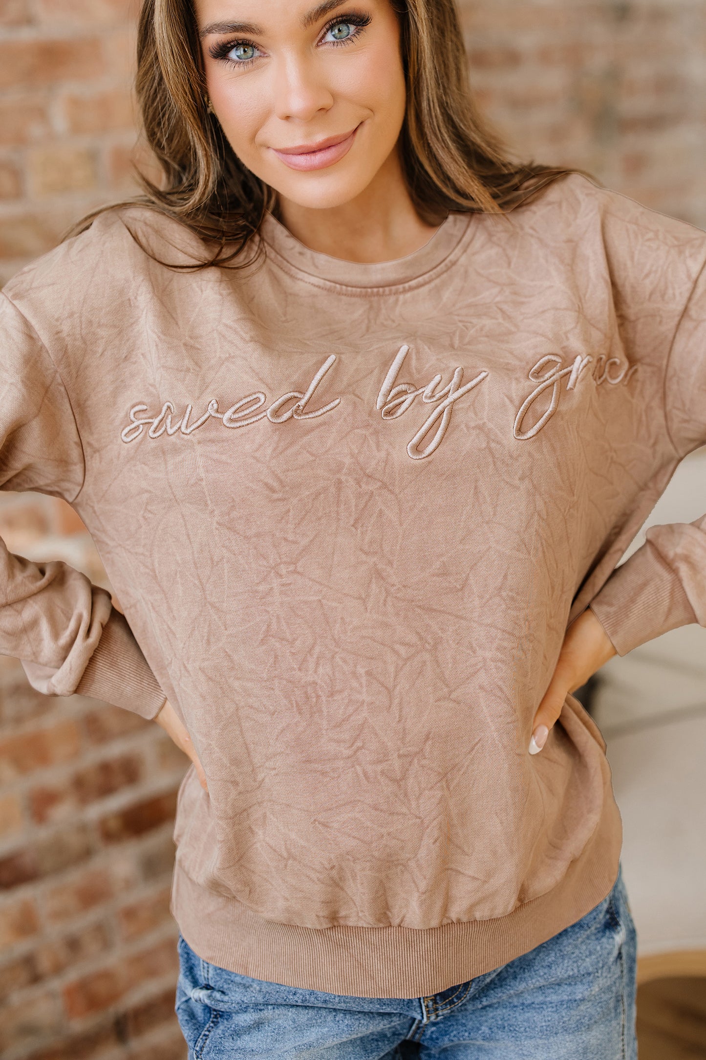 Mineral Red saved by grace Letter Embroidery Mineral Wash Loose Sweatshirt