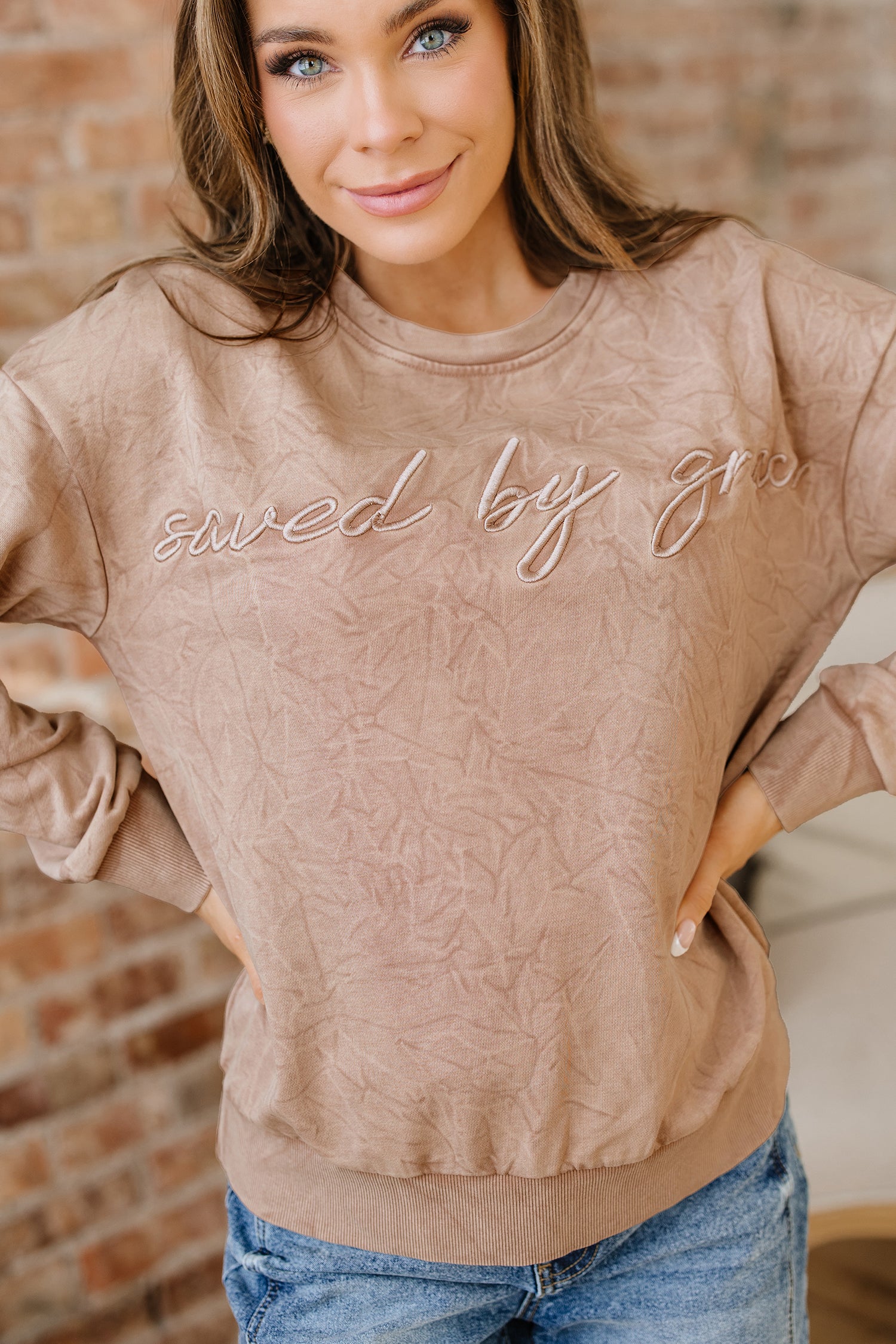 Mineral Red saved by grace Letter Embroidery Mineral Wash Loose Sweatshirt