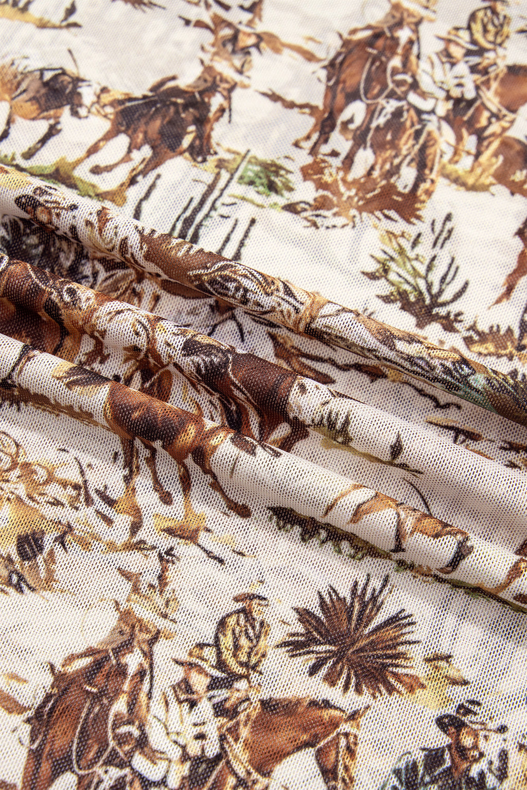 Brown Western Cowboy Floral Print Sheer Mesh Long Sleeve Top