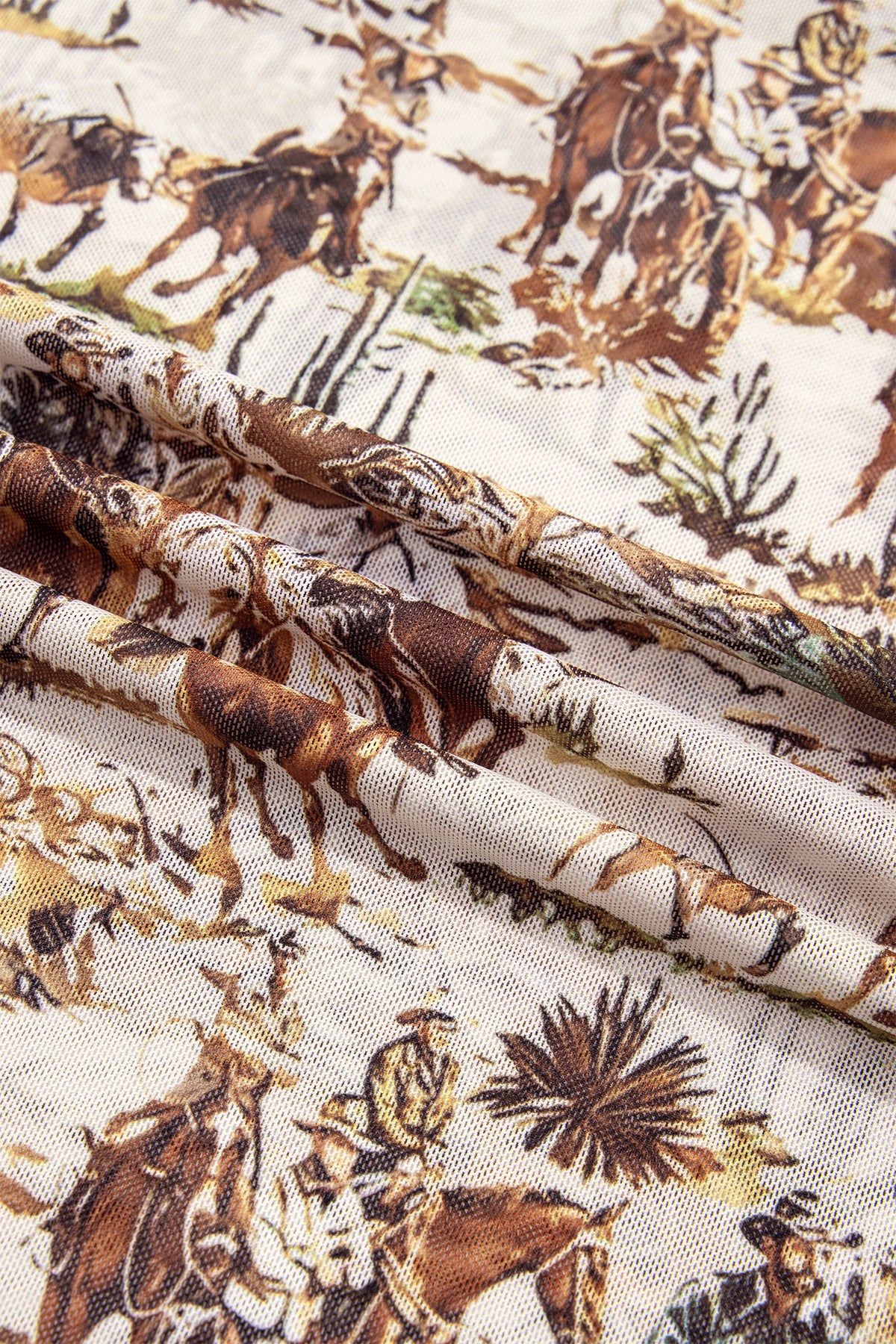 Brown Western Cowboy Floral Print Sheer Mesh Long Sleeve Top