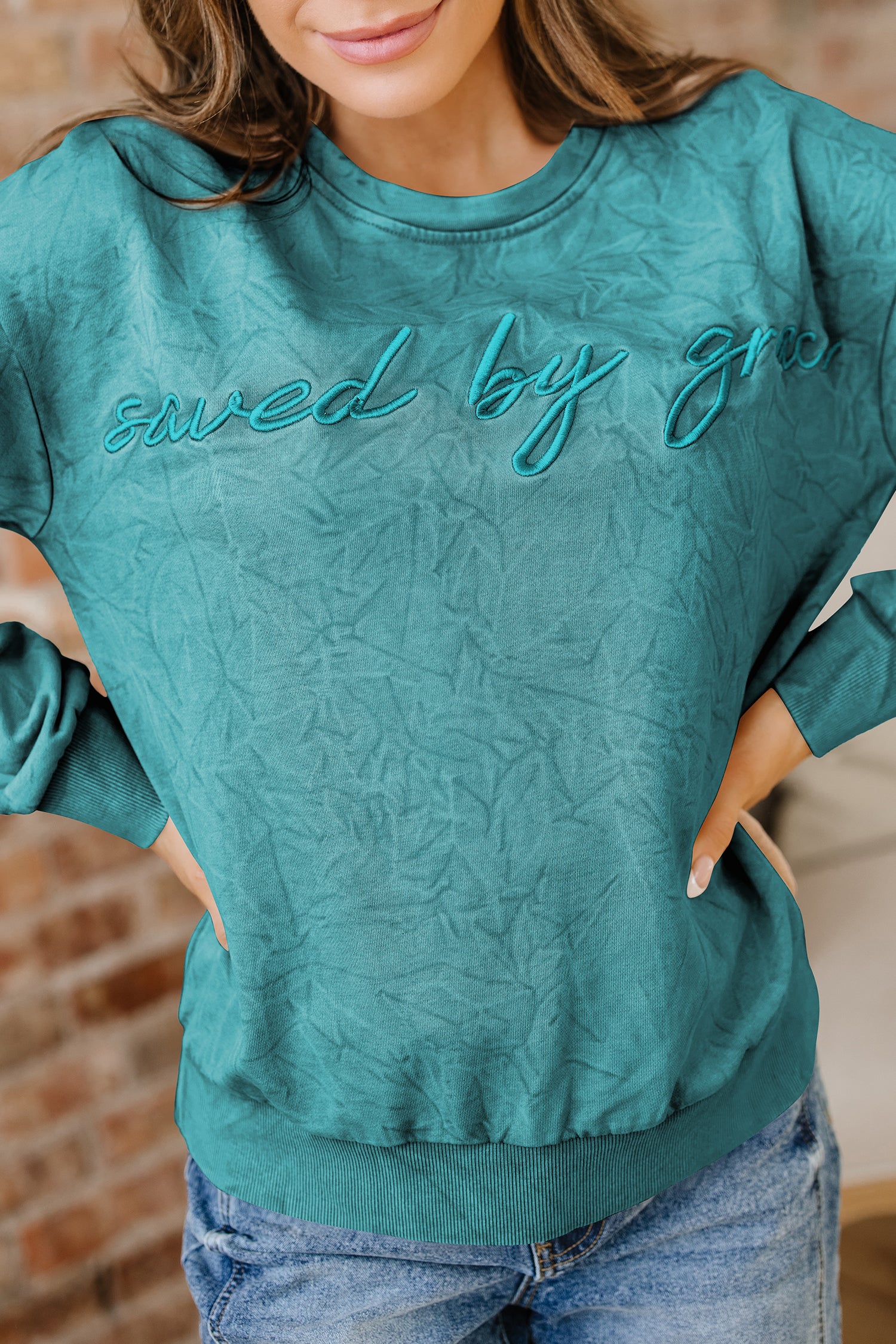 Mineral Red saved by grace Letter Embroidery Mineral Wash Loose Sweatshirt