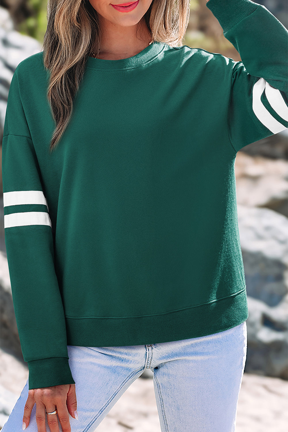 Navy Blue Varsity Striped Detail Drop Shoulder Oversized Sweatshirt