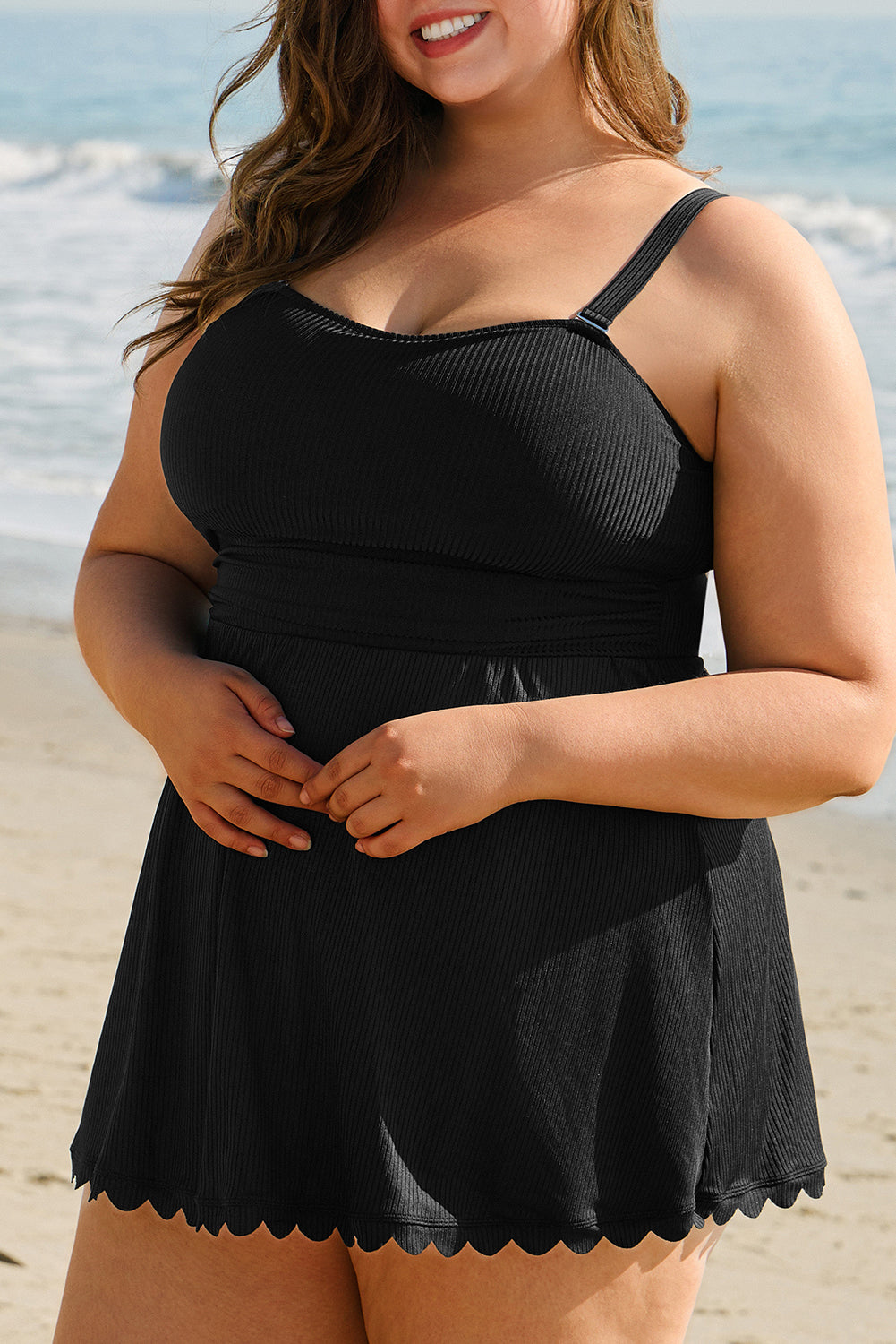 Black Plus Size Textured Scalloped Trim Swim Dress with Panty image 7
