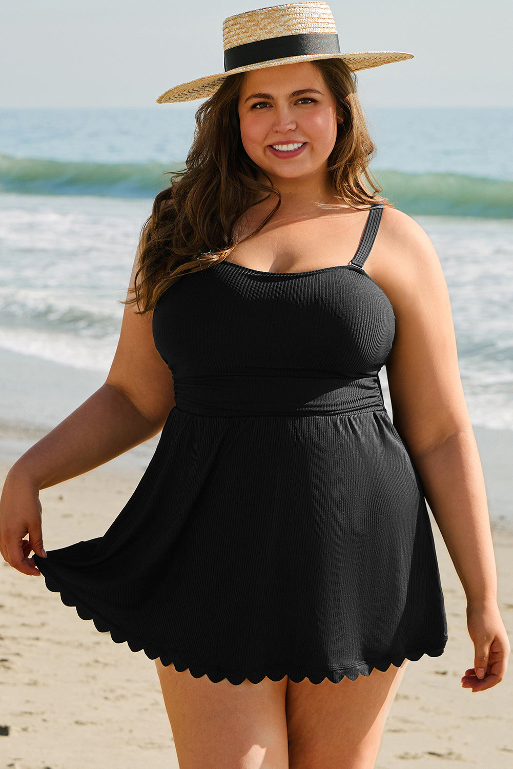Black Plus Size Textured Scalloped Trim Swim Dress with Panty image 5