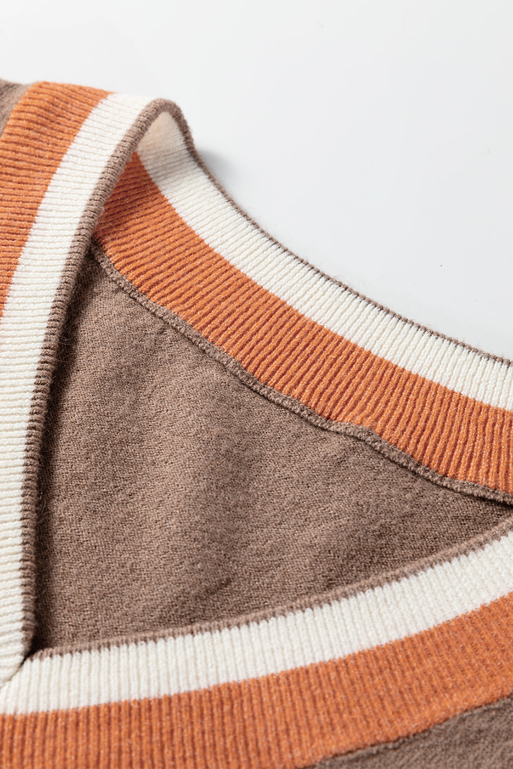 Gray Contrast Striped Trim V Neck Varsity Sweater