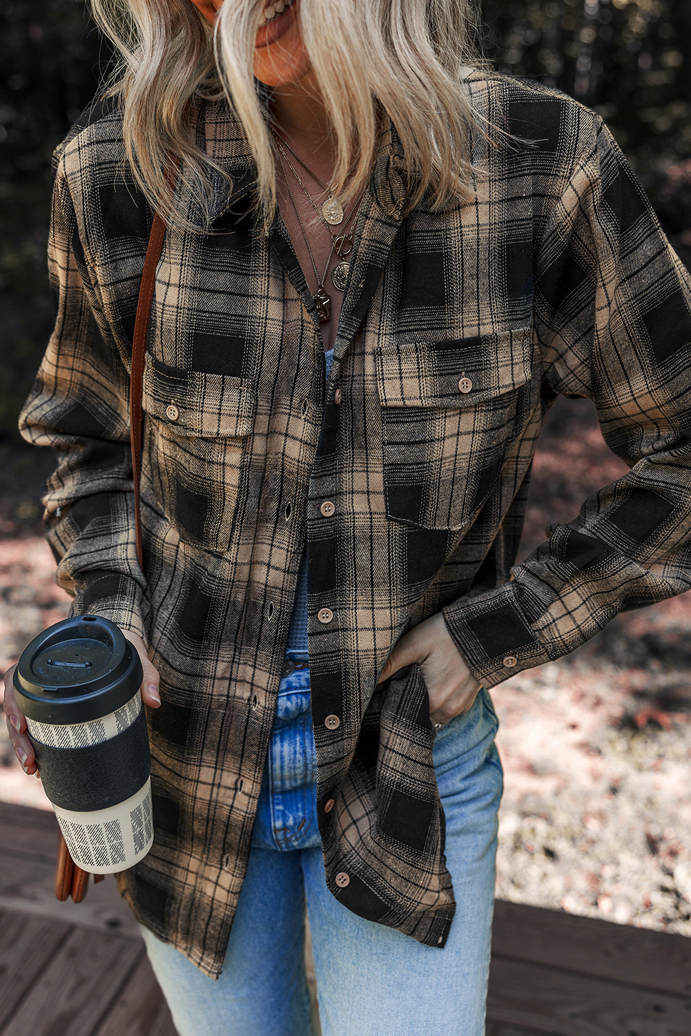 Multicolour Retro Plaid Double Flap Pocket Brushed Shacket