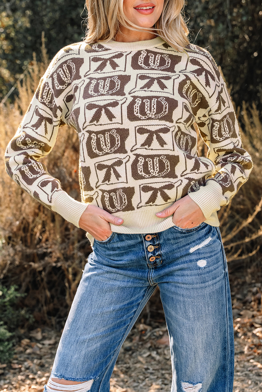 Black Bows & Horseshoes Pattern Western Fashion Print Sweater
