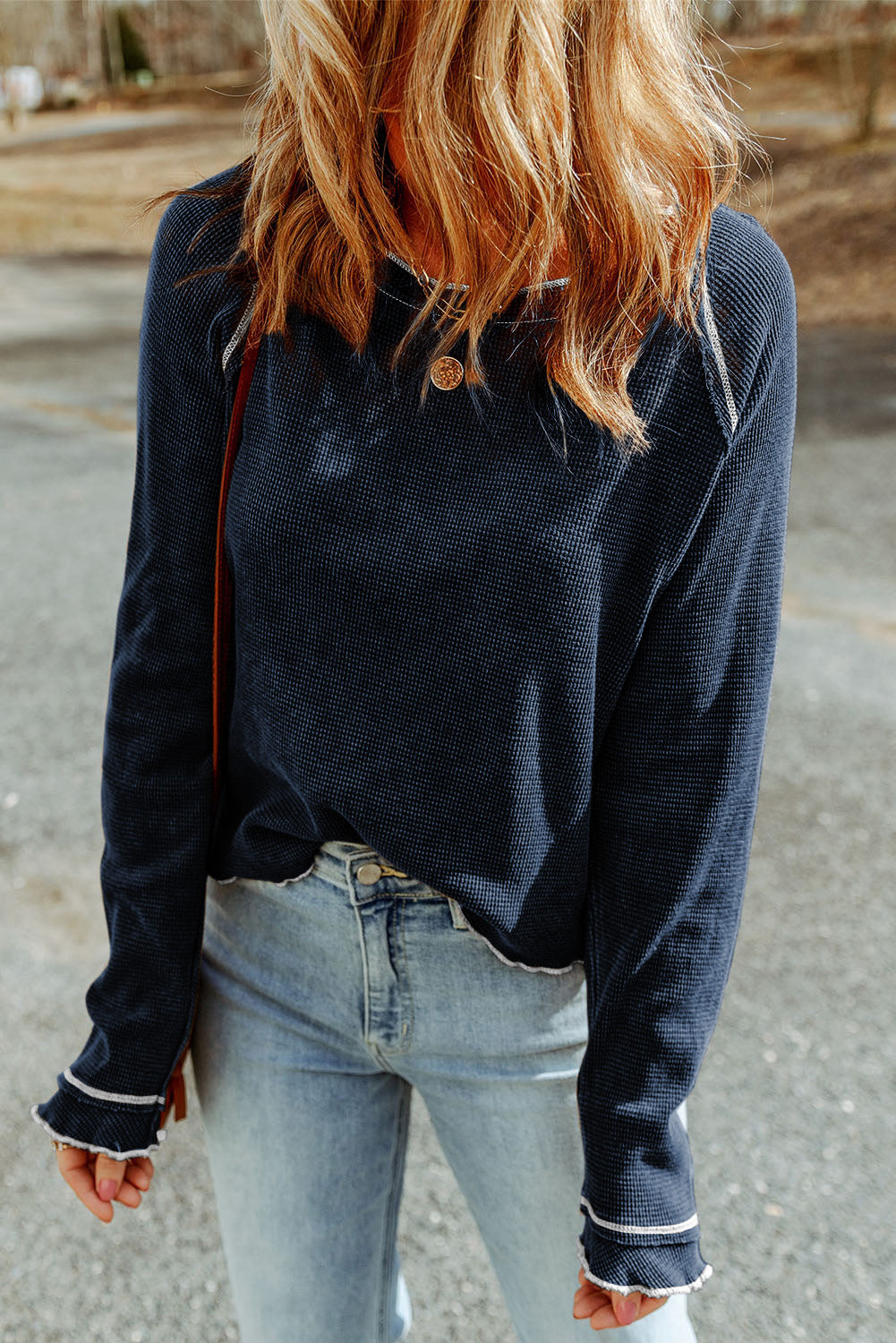 Smoke Gray Textured Round Neck Long Sleeve Top