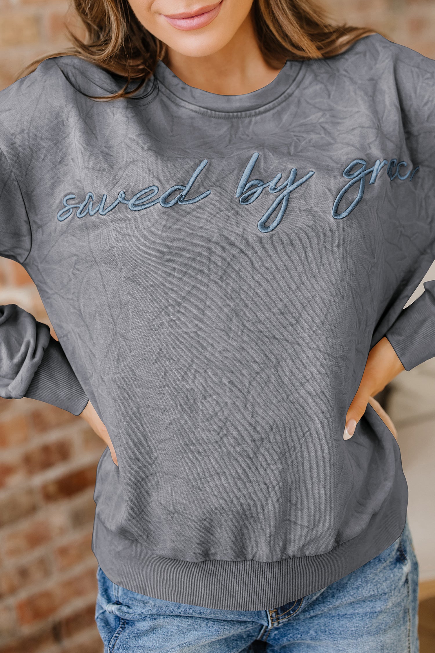 Mineral Red saved by grace Letter Embroidery Mineral Wash Loose Sweatshirt