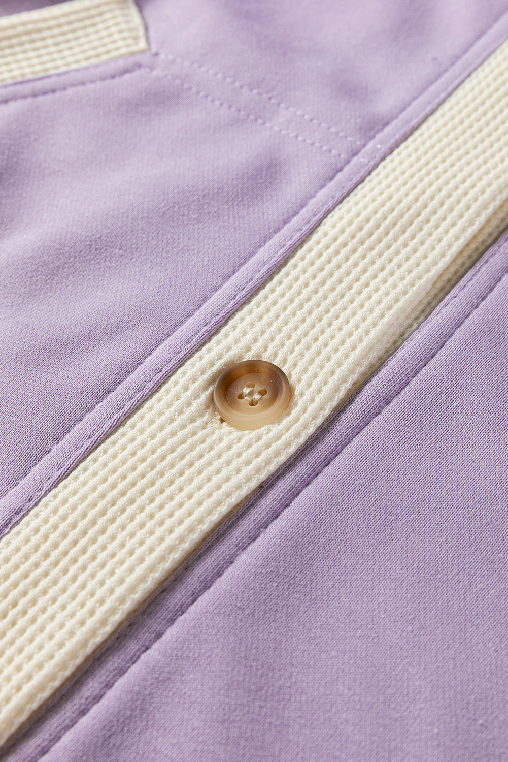 Light French Beige Waffle Contrast Knit Color Block Patchwork Button Front Oversize Hoodie