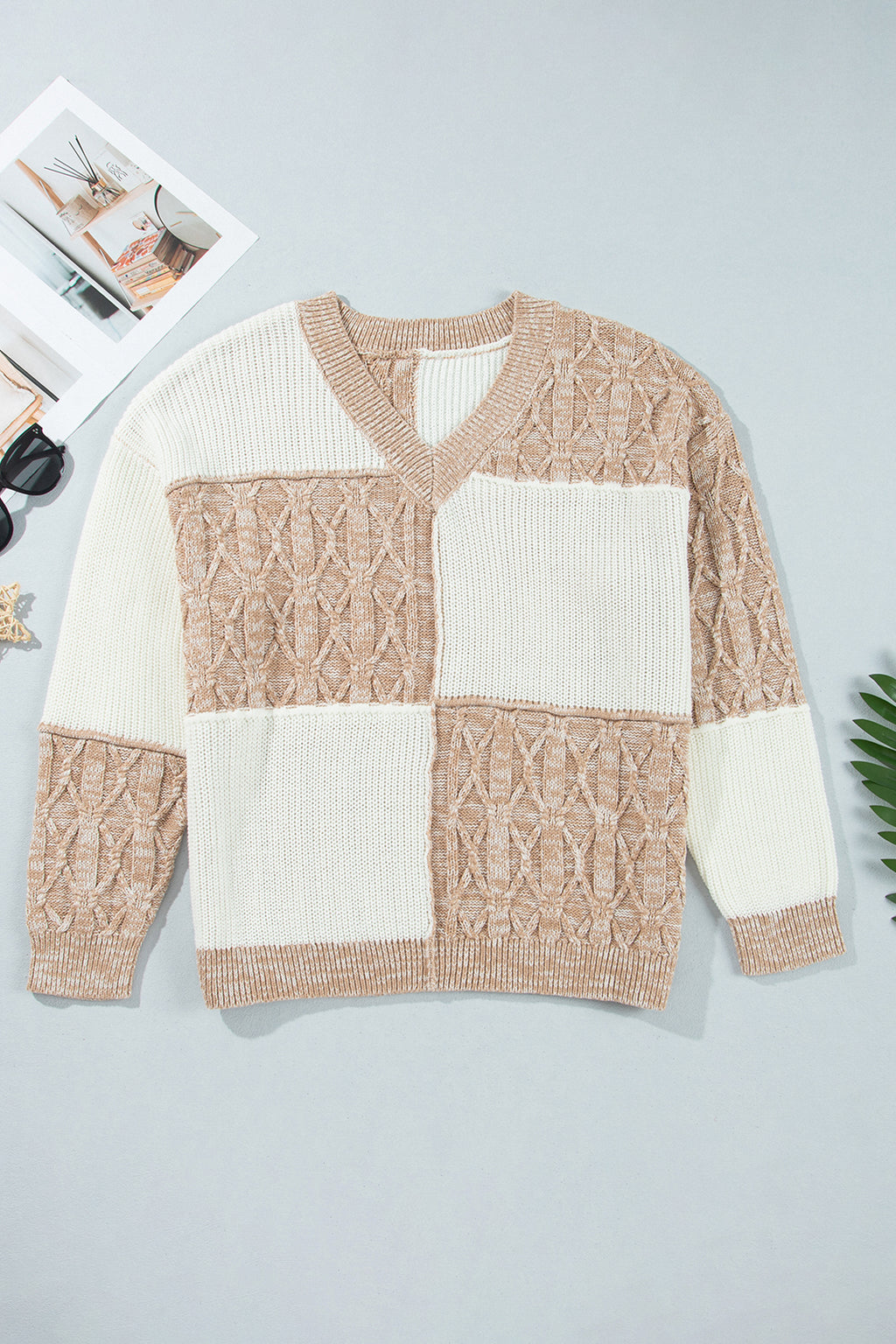 Parchment Colorblock V Neck Long Sleeve Tunic Loose Fit Plus Size Sweater