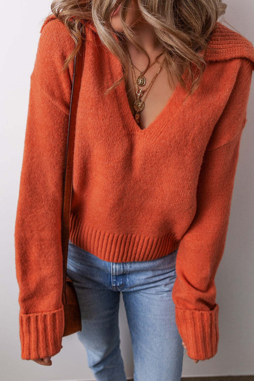 Racing Red Collared V Neck Ribbed Edge Sexy Elegant Sweater