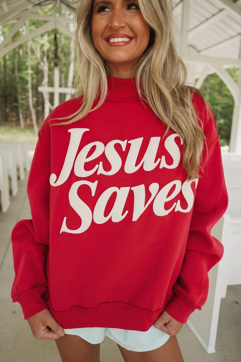 Mist Blue Jesus Saves Slogan Print Stand Neck Baggy Sweatshirt