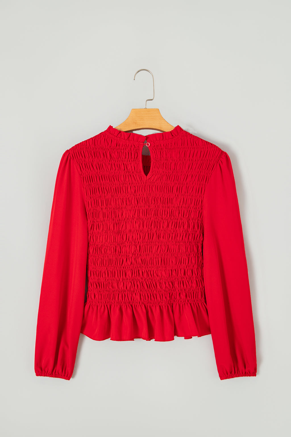 Coffee Solid Color Smocked Ruffle Hem Long Sleeve Blouse