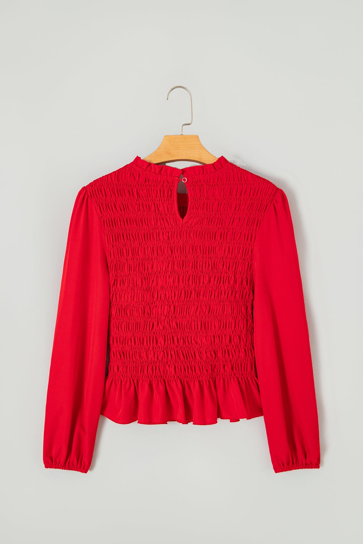 Coffee Solid Color Smocked Ruffle Hem Long Sleeve Blouse