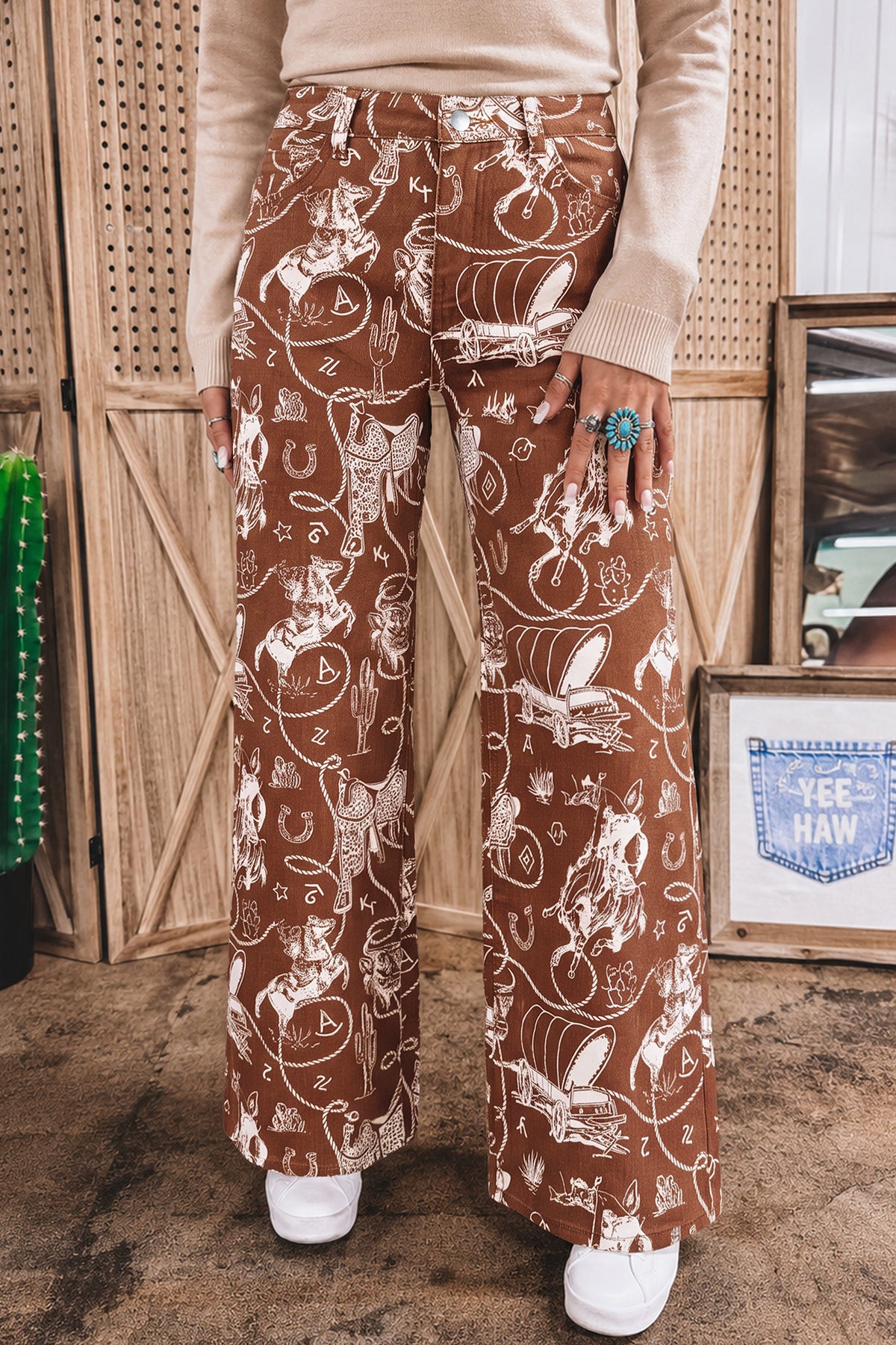 Khaki Patchwork Print Casual Shift Jeans