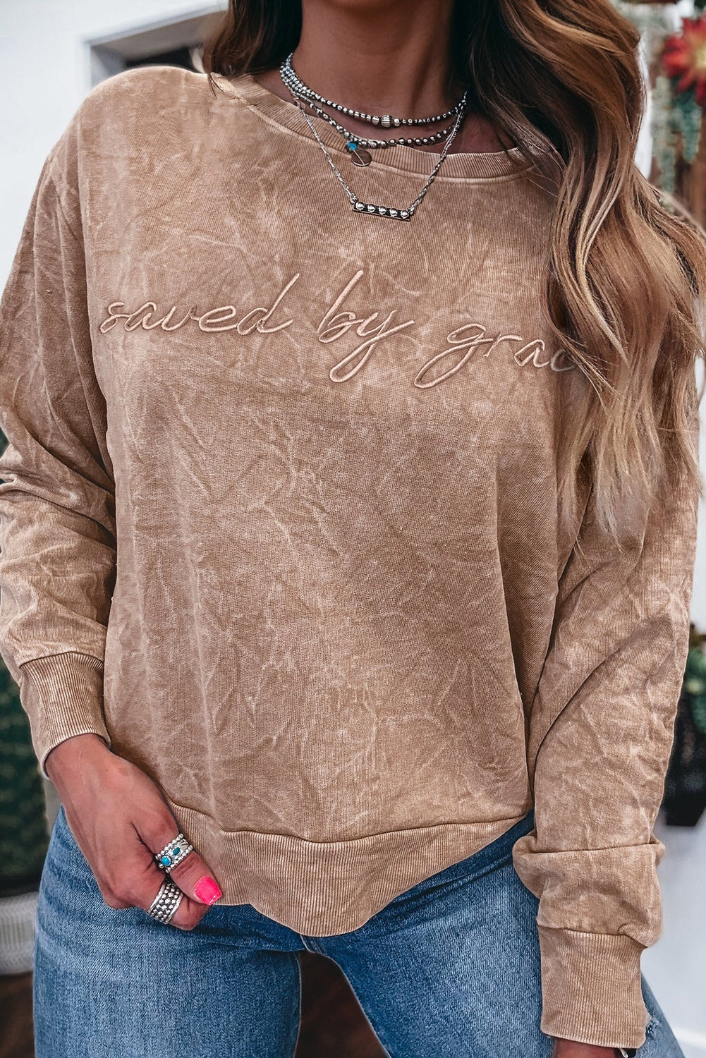 Mineral Red saved by grace Letter Embroidery Mineral Wash Loose Sweatshirt