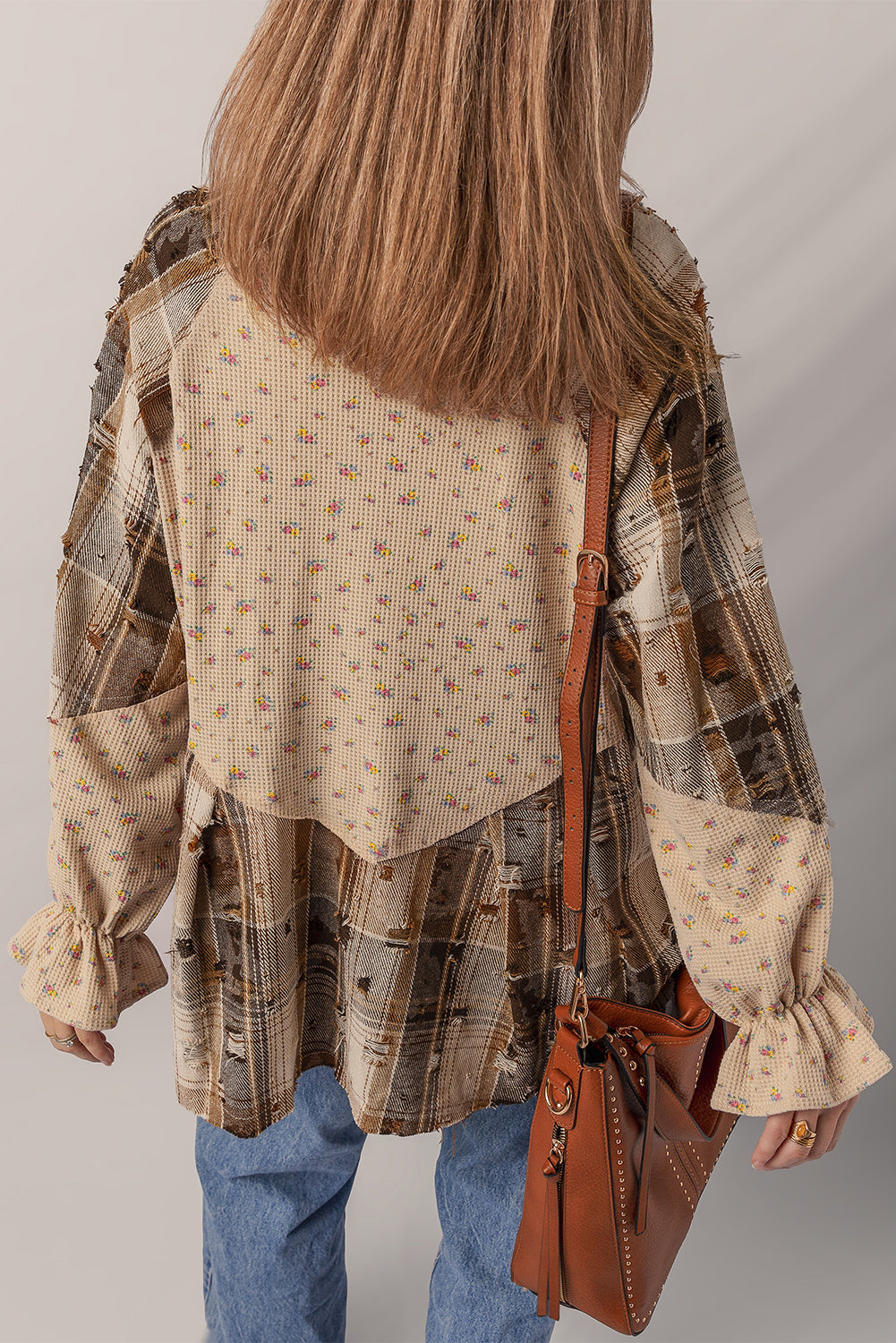 Ashleigh Blue Boho Floral Plaid Patchwork Distressed Detail Ruffled Sleeve Waffle Knit Shacket