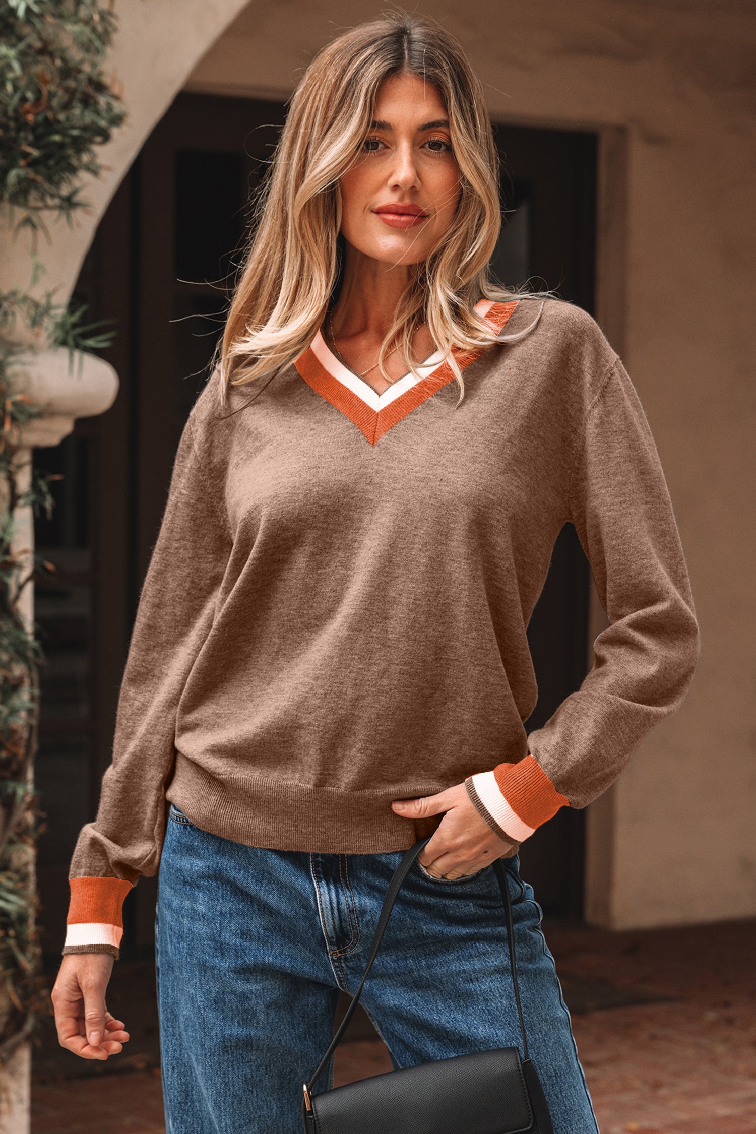 Gray Contrast Striped Trim V Neck Varsity Sweater
