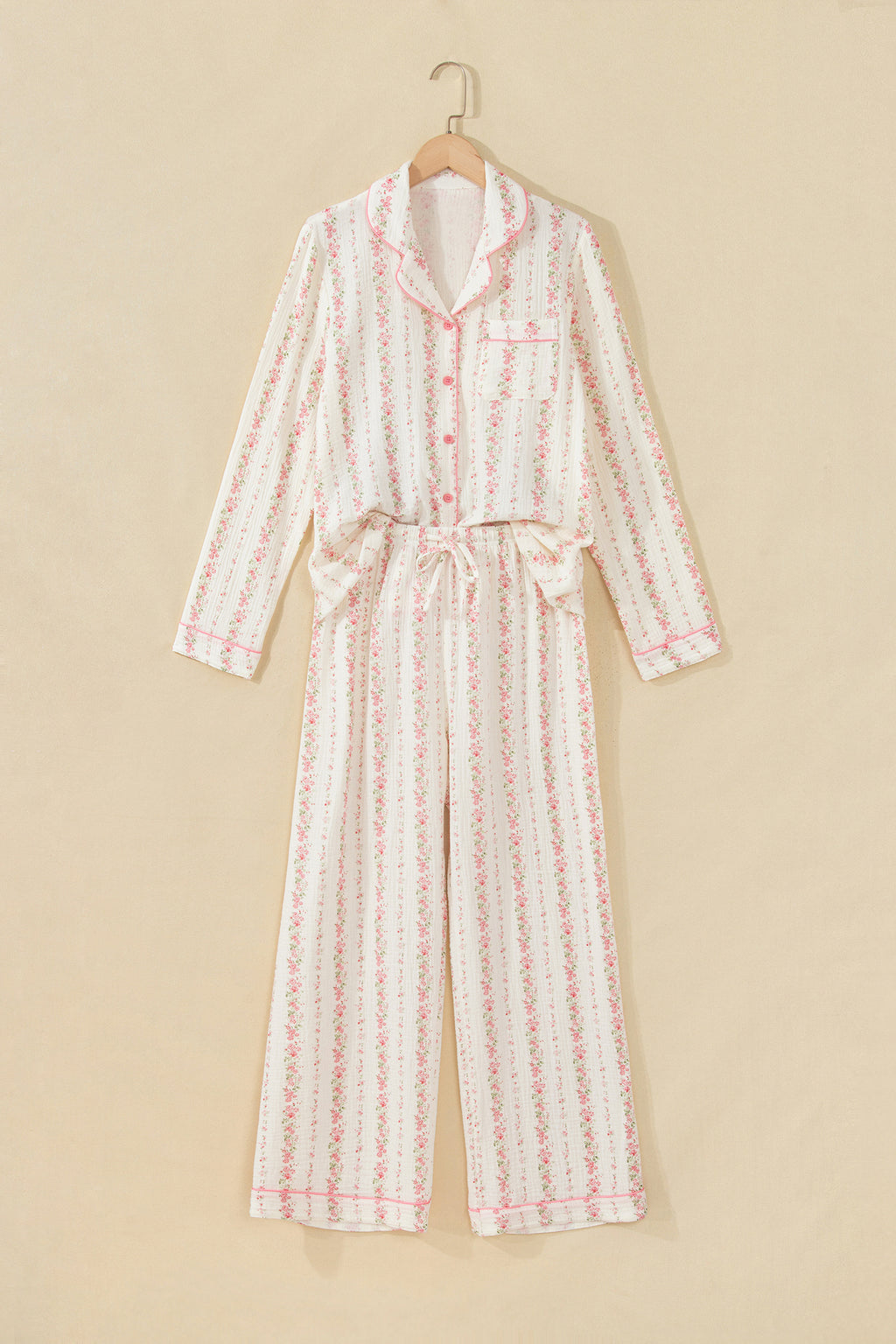 Pink Floral Print Long Sleeve Button Front Shirt Pajama Pant Set