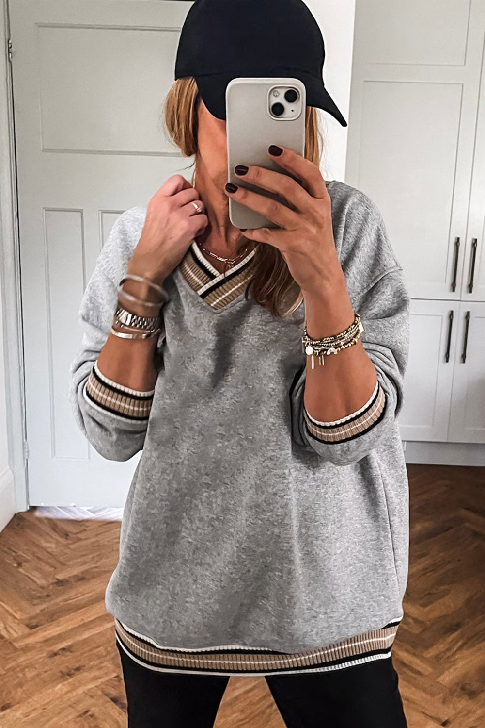 Parchment Varsity Contrast Striped Trim V Neck Sweatshirt