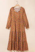 Brown Plus Size Floral Split V Neck Ruffled Sleeve Tiered Maxi Dress