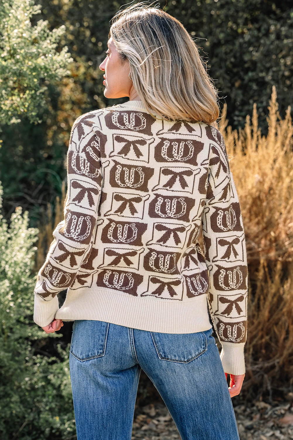 Black Bows & Horseshoes Pattern Western Fashion Print Sweater