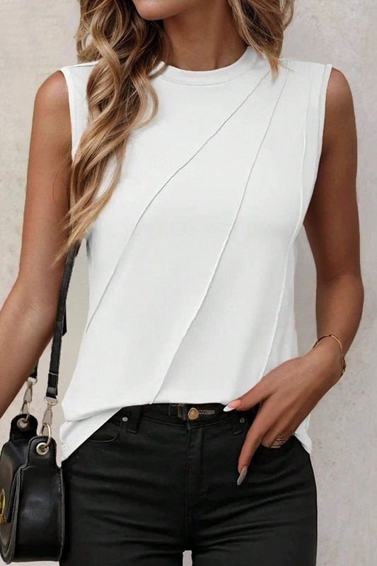 White Crew Neck Pleated Tank Top image 0