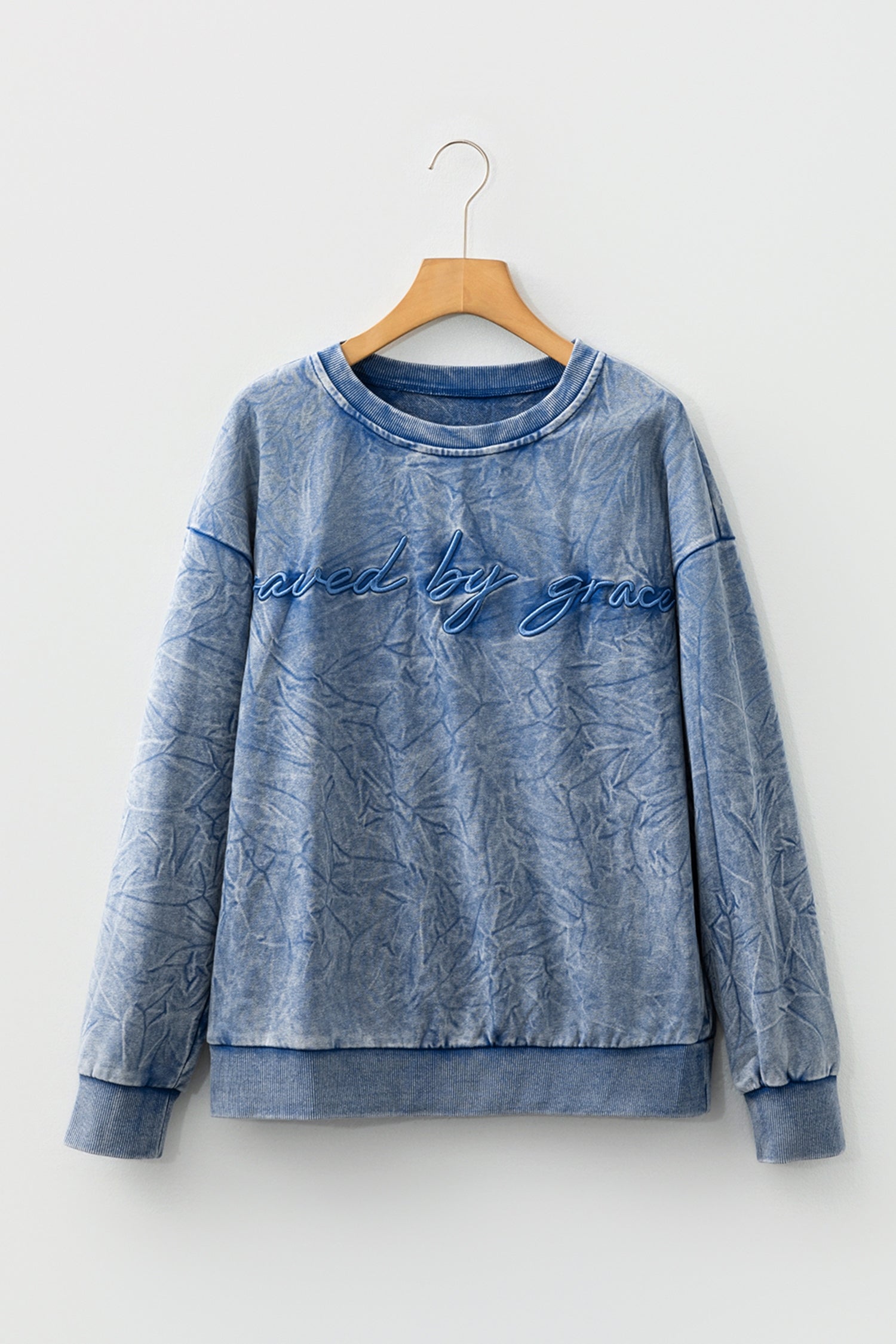 Mineral Red saved by grace Letter Embroidery Mineral Wash Loose Sweatshirt