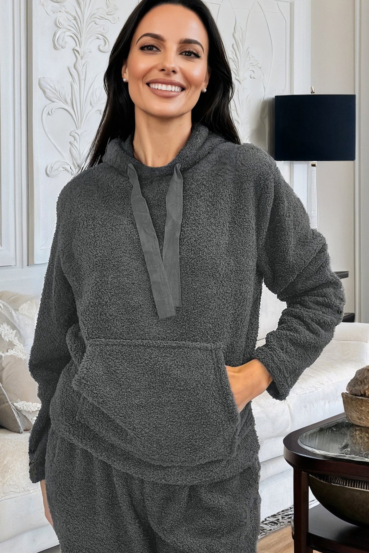 Medium Grey Fuzzy Drawstring Hoodie Lounge Pants 2pcs Set