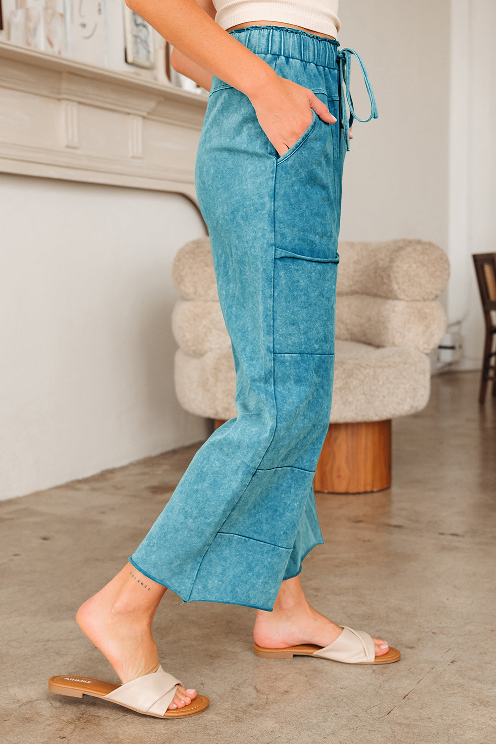 Wild Ginger Mineral Wash Lace-up High Waist Raw Hem Patched Pocket Pants