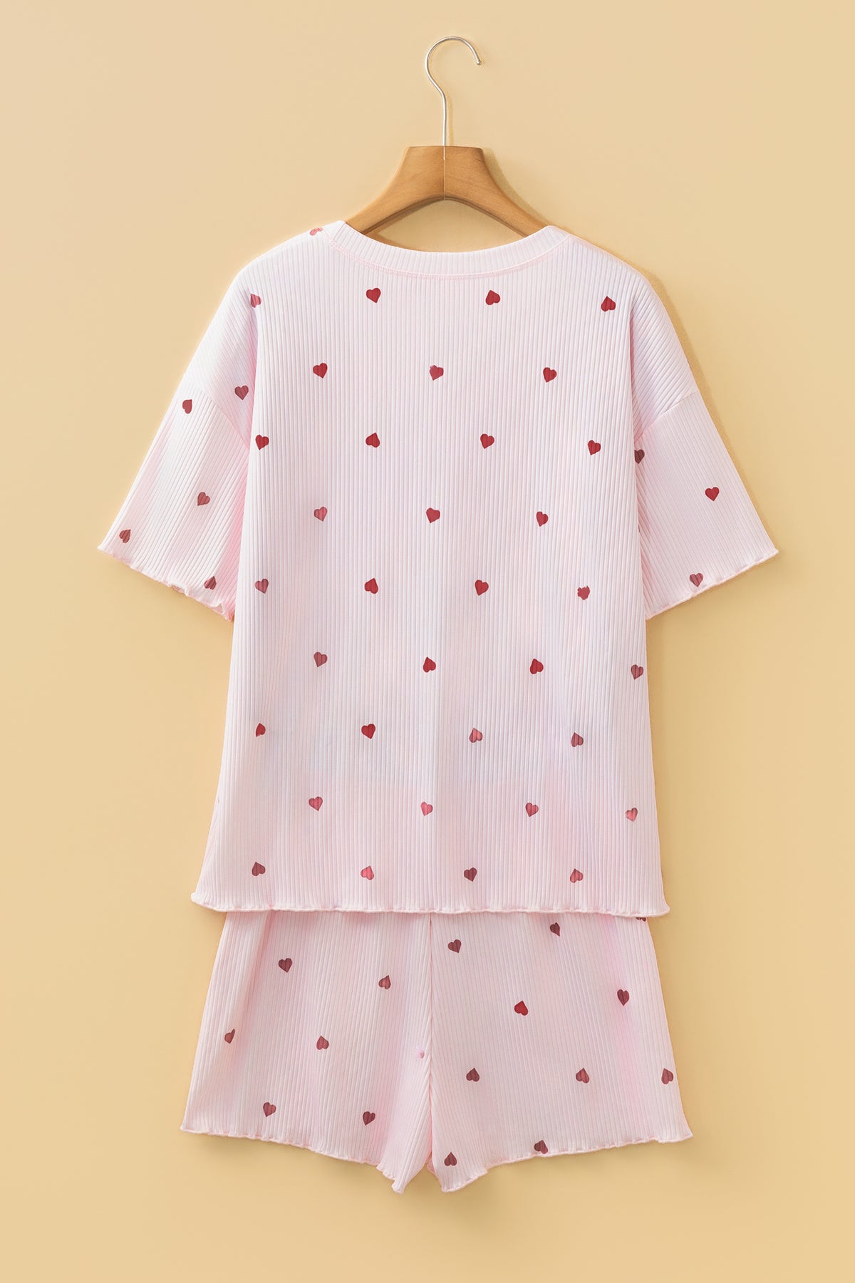 Light Pink Valentine Heart Shape Print Ribbed Knit Short Lounge Set