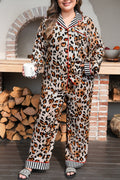 Khaki Plus Leopard Print Contrast Piping Striped Patchwork 2pcs Long Pajama Set
