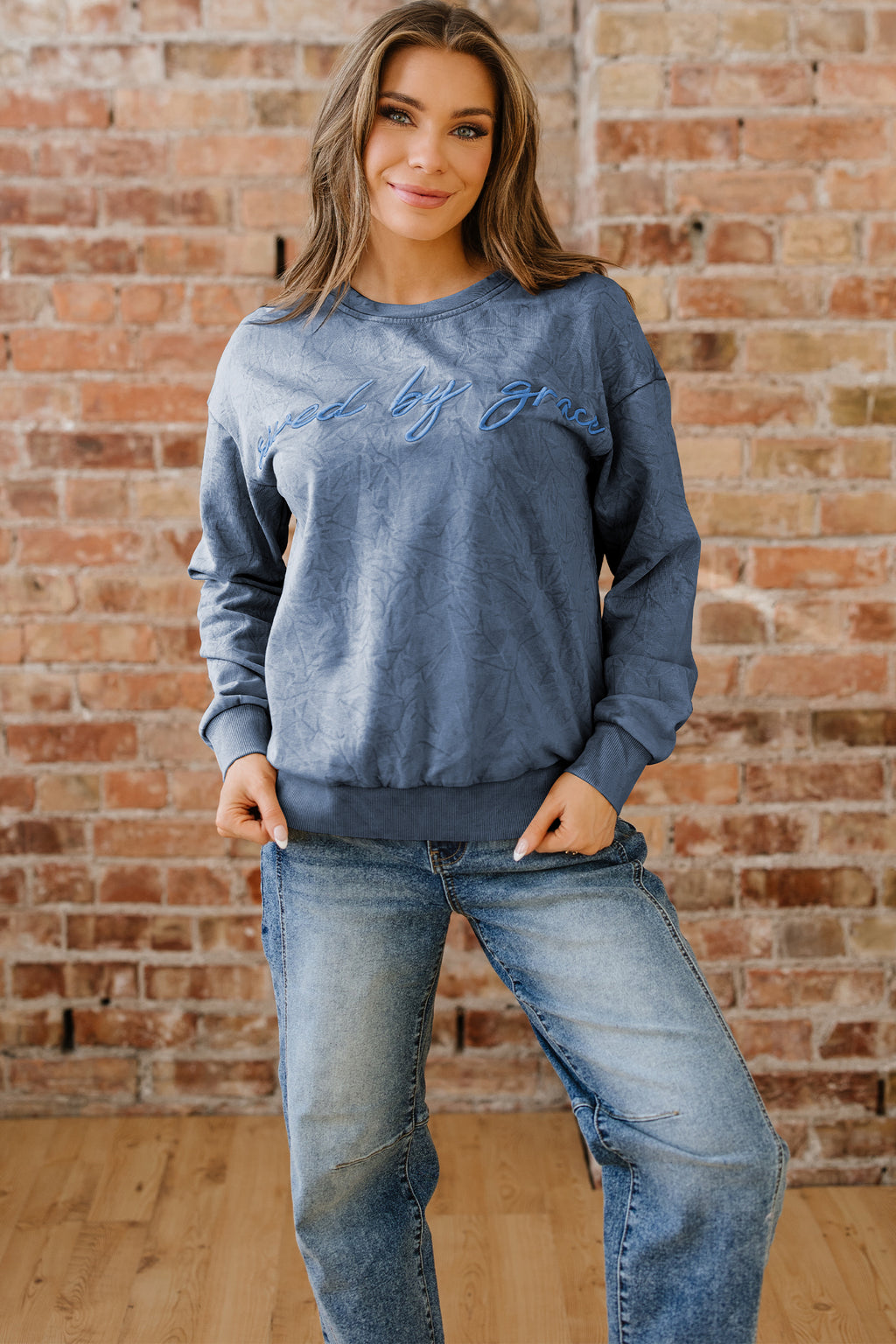 Mineral Red saved by grace Letter Embroidery Mineral Wash Loose Sweatshirt