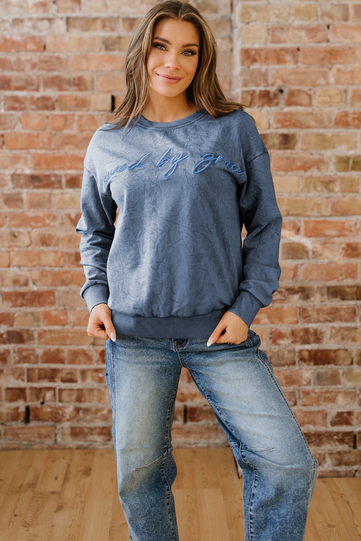 Mineral Red saved by grace Letter Embroidery Mineral Wash Loose Sweatshirt