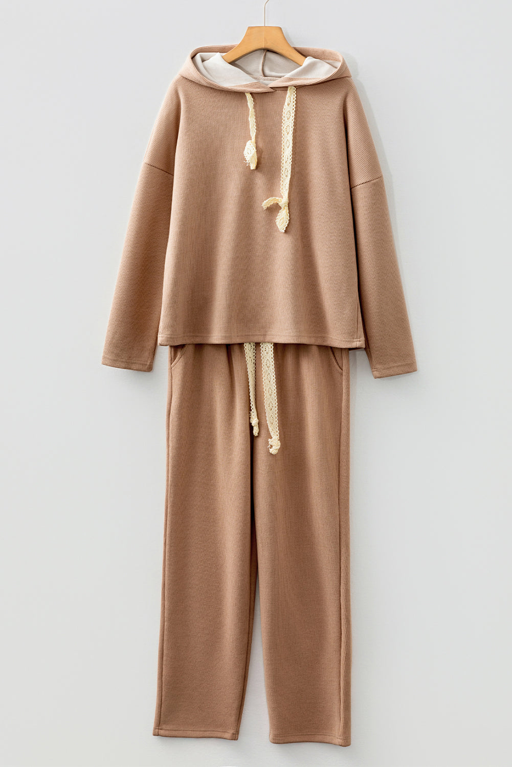 Parchment Leopard Drawstring Pullover Hoodie and High Waist Pants Corduroy Suit