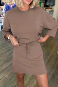 Coffee Solid Color Drop Shoulder Pullover Drawstring Mini Skort 2pcs Outfit