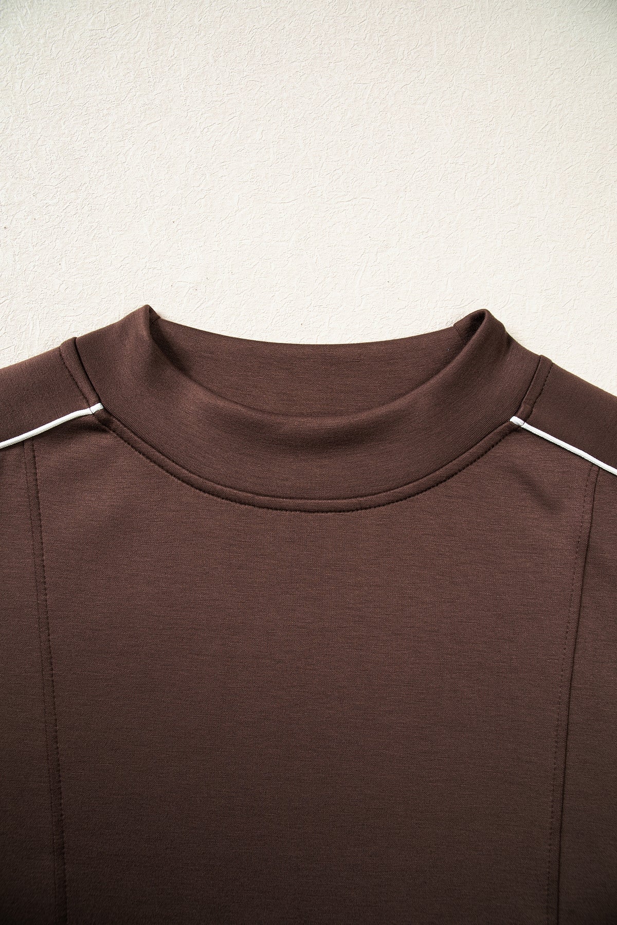 Coffee Sporty Piping Trim Mock Neck Pullover Relaxed 2pcs Pant Set