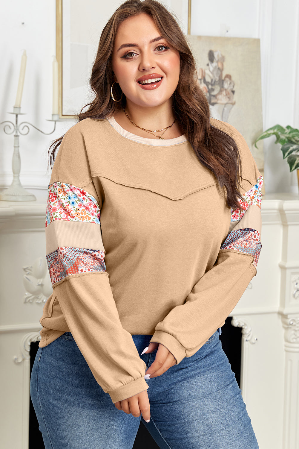Khaki Exposed Seam Floral Mixed Patchwork Relaxed Plus Size Top
